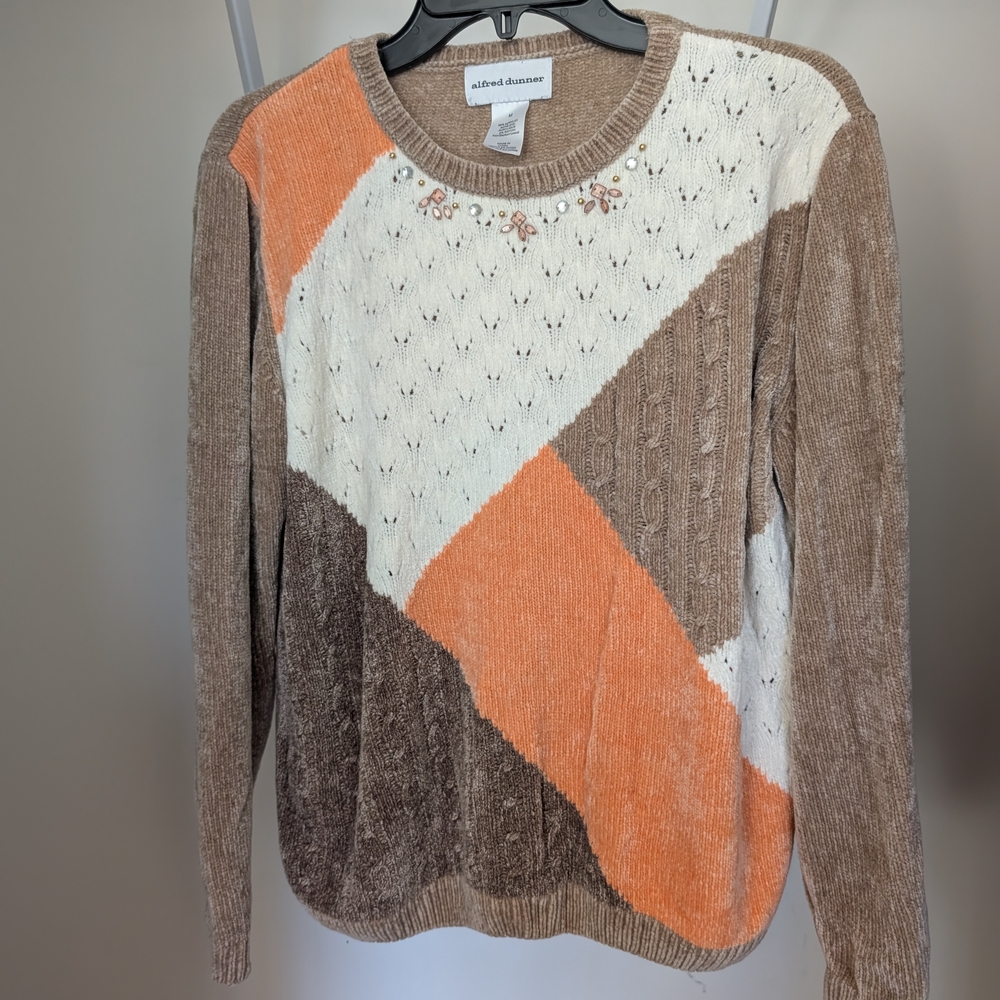 Alfred Dunner Colorblock Sweater - Orange, White, and Brown